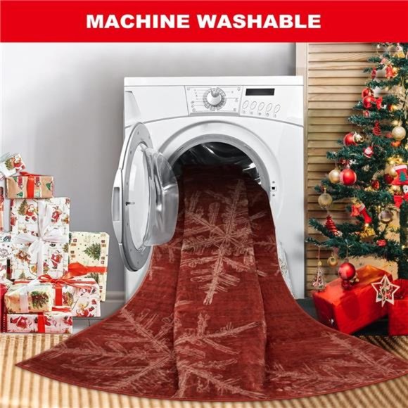 Snowflake Round Christmas Rug, Small Washable Round Rug 3ft Non-Slip, (Red) - Picture 3 of 6